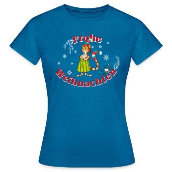 Pettersson & Findus Design Frohe Weihnachten - Frauen T-Shirt - Antikblaues Saphir meliert - Vorne - AI Model Female 172 dark (172cm)