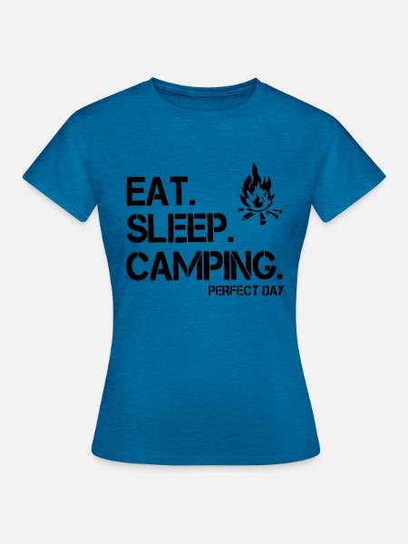 Essen, Schlafen, Camping - Frauen T-Shirt - Antikblaues Saphir meliert