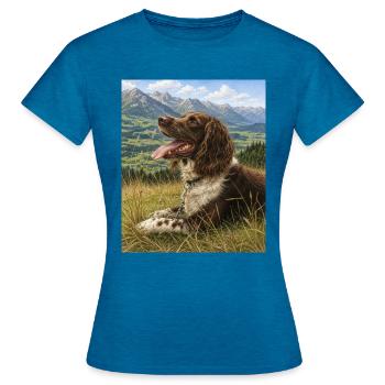 Kleiner Münsterländer - T-shirt Femme - bleu saphir antique chiné - Devant - AI Model Female 172 dark (172cm)