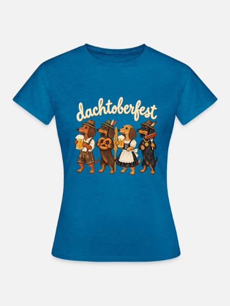 Dackel in Tracht mit Bier & Brezel - Frauen T-Shirt - Antikblaues Saphir meliert