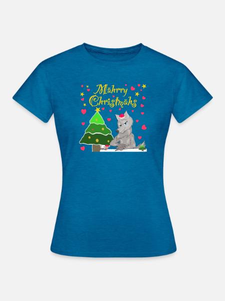 Kultiger Wolf, Weihnachten unterm Tannenbaum - Frauen T-Shirt - Antikblaues Saphir meliert