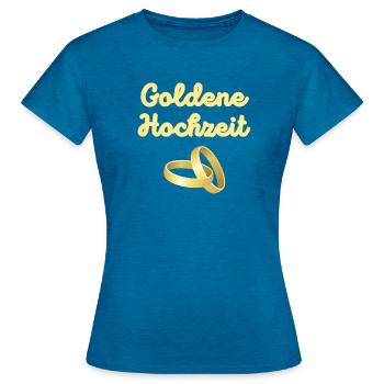 Goldene Hochzeit goldene Eheringe leuchtend Gold - Frauen T-Shirt - Antikblaues Saphir meliert - Vorne - AI Model Female 172 dark (172cm)