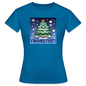 FROHES FEST - WEIHNACHTEN FUßBALL - Frauen T-Shirt - Antikblaues Saphir meliert - Vorne - AI Model Female 172 dark (172cm)