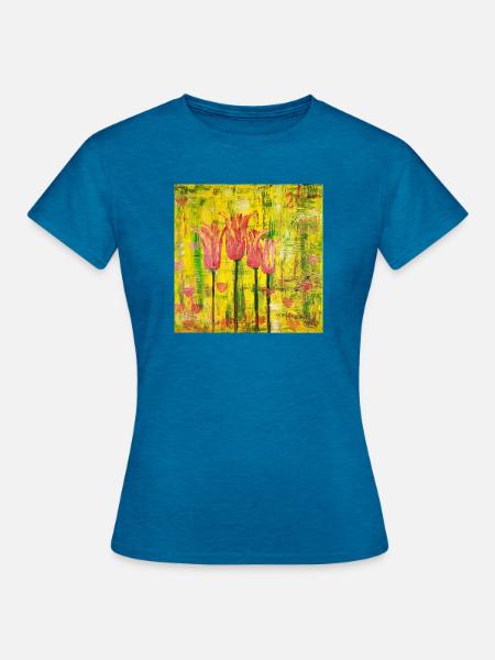 Ausdrucksstarke Blumenmalerei - Frauen T-Shirt - Antikblaues Saphir meliert