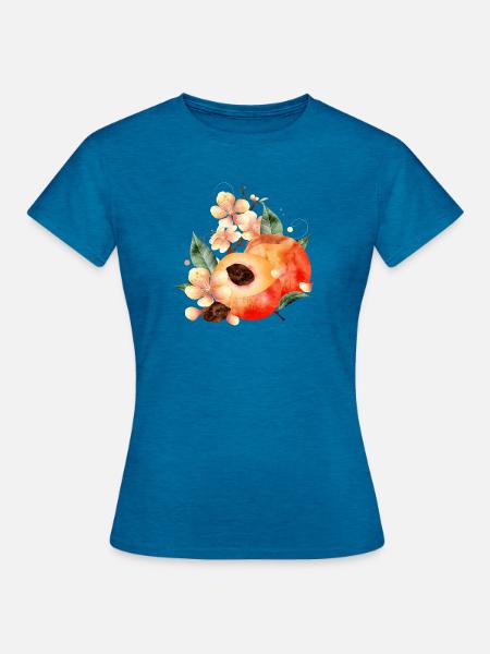 Pfirsichhälfte,Pfirsiche,Blätter & Pfirsichblüten - Frauen T-Shirt - Antikblaues Saphir meliert