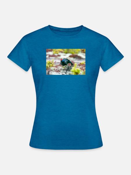 Birkhahn im Moos DSC 3331 - Frauen T-Shirt - Antikblaues Saphir meliert