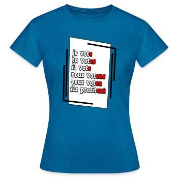 Affiche Engagement Electoral humour - T-shirt Femme - bleu saphir antique chiné - Devant - AI Model Female 172 dark (172cm)