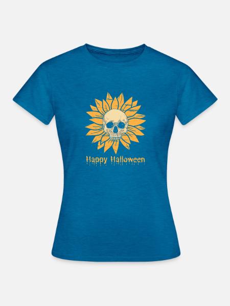 Sonnenblumen Schädel Halloween - Frauen T-Shirt - Antikblaues Saphir meliert