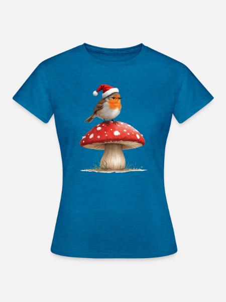 Rotkehlchen mit Nikolausmütze auf einem roten Pilz - Frauen T-Shirt - Antikblaues Saphir meliert