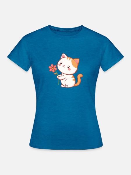 Süße Katze hält eine Blume - Frauen T-Shirt - Antikblaues Saphir meliert