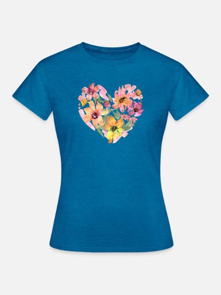 Floral Heart - Frauen T-Shirt - Antikblaues Saphir meliert
