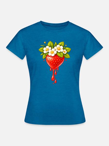 Erdbeere mit Blüten und Tropfen - Frauen T-Shirt - Antikblaues Saphir meliert