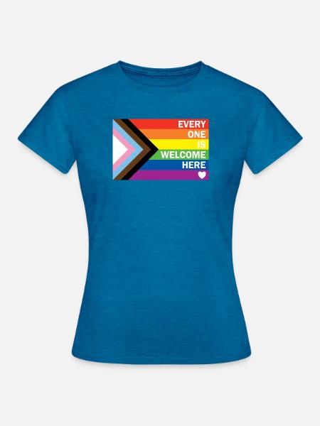 Progress Pride Flag – Everyone Is Welcome Here - Frauen T-Shirt - Antikblaues Saphir meliert
