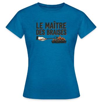 Le Maître des Braises BBQ Pitmaster - T-shirt Femme - bleu saphir antique chiné - Devant - AI Model Female 172 dark (172cm)