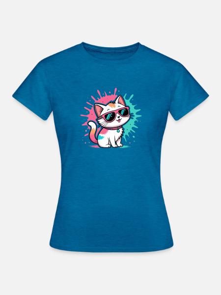 Bunte Katzen-Sonnenbrille - Frauen T-Shirt - Antikblaues Saphir meliert