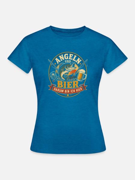 Angeln und Bier Logo - Frauen T-Shirt - Antikblaues Saphir meliert