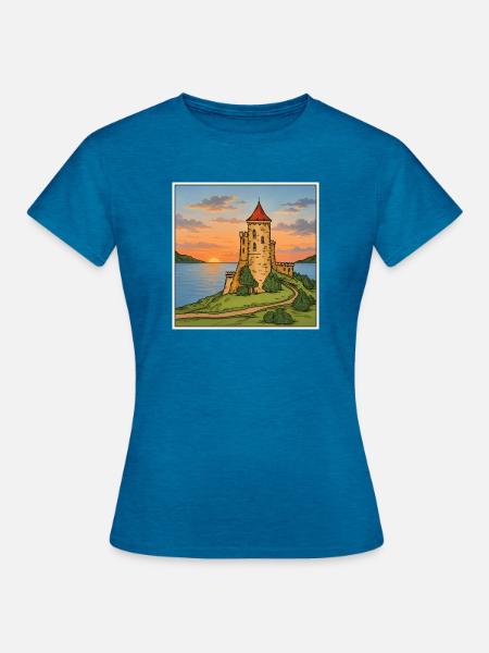 Sonnenuntergangsburg am Meer - Frauen T-Shirt - Antikblaues Saphir meliert