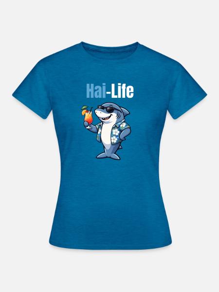 Hai-Life | Cooler Cartoon-Hai mit Sommerfeeling - Frauen T-Shirt - Antikblaues Saphir meliert