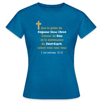 Bible Corinthinens 13:13 Paul Citation Jésus - T-shirt Femme - bleu saphir antique chiné - Devant - AI Model Female 172 dark (172cm)