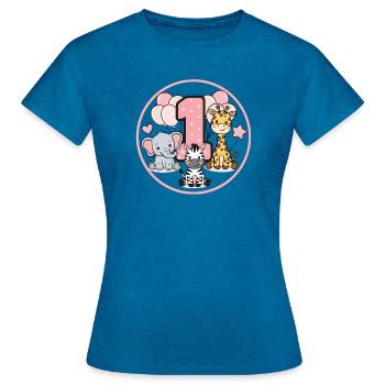 First Birthday Wildlife 1 - Women's T-Shirt - antique blue sapphire heather - Front - AI Model Female 172 dark (172cm)