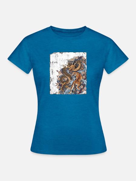 Drache Tiger Wand Chinesisch - Frauen T-Shirt - Antikblaues Saphir meliert