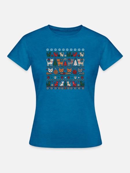 Weihnachts Katze Gestrickt - Frauen T-Shirt - Antikblaues Saphir meliert