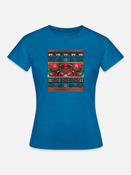 Weihnachts Dinosaurier Strickdesign - Frauen T-Shirt - Antikblaues Saphir meliert