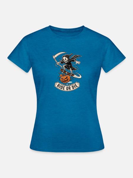 Skelett Skateboard Halloween - Frauen T-Shirt - Antikblaues Saphir meliert
