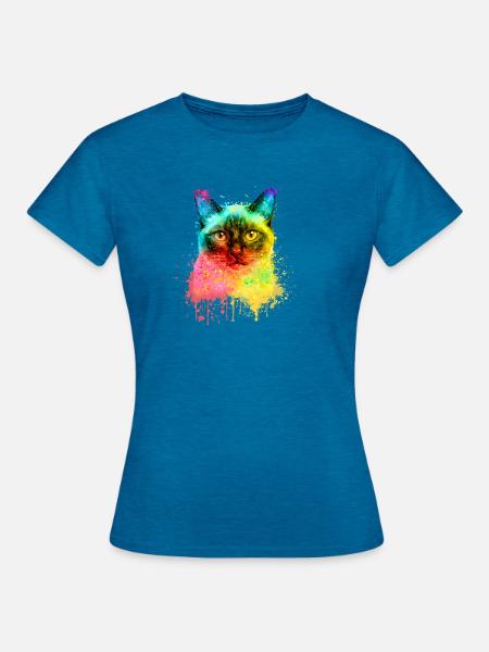 Siamkatze Regenbogen Aquarell Illustration - Frauen T-Shirt - Antikblaues Saphir meliert