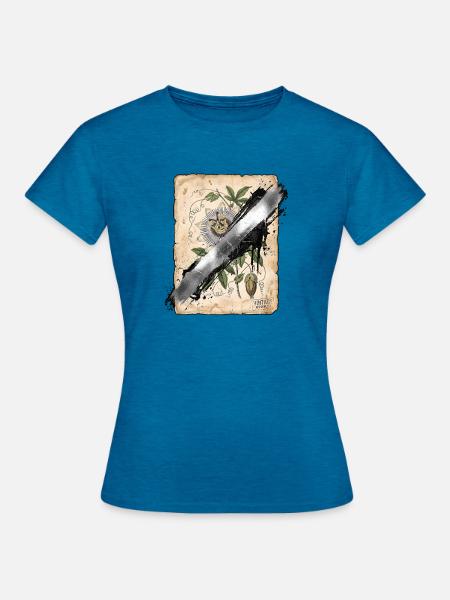 Botanische Illustration mit Vandal Übermalung - Frauen T-Shirt - Antikblaues Saphir meliert