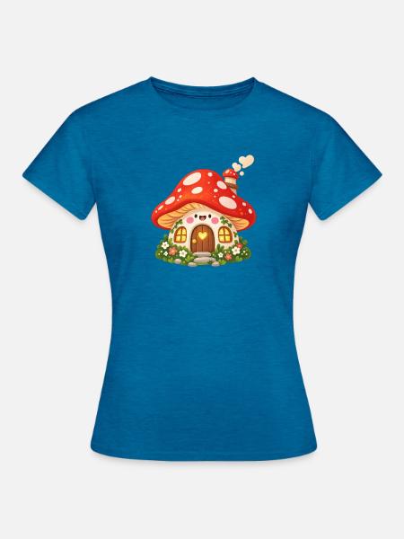 Kleines Pilzhäuschen mit Herzfenster - Frauen T-Shirt - Antikblaues Saphir meliert