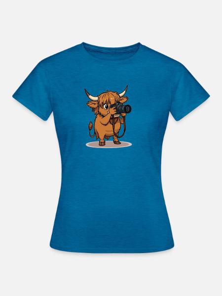 Highland Cow Photographer Cartoon - Frauen T-Shirt - Antikblaues Saphir meliert