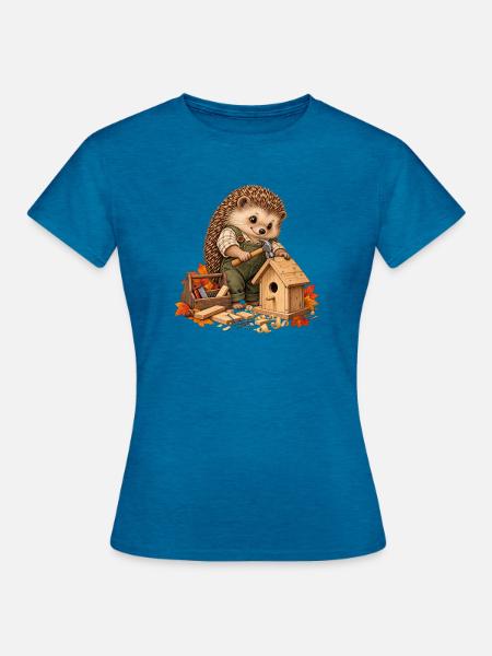 Igel baut ein Vogelhaus - Frauen T-Shirt - Antikblaues Saphir meliert