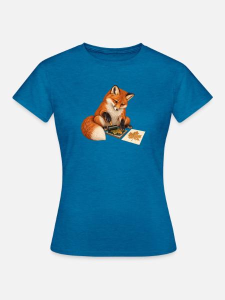 Fuchs druckt botanische Blätter - Frauen T-Shirt - Antikblaues Saphir meliert