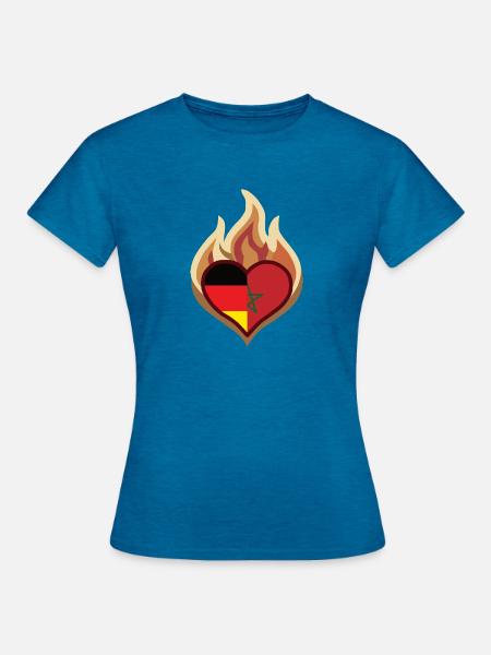 Flammenherz Deutschland-Morocco Flagge - Frauen T-Shirt - Antikblaues Saphir meliert