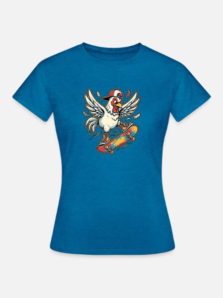 Skater Chicken - Frauen T-Shirt - Antikblaues Saphir meliert