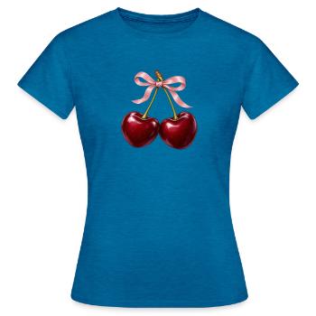Burgunderrote Kirschen mit zartrosa Schleife - Frauen T-Shirt - Antikblaues Saphir meliert - Vorne - AI Model Female 172 dark (172cm)
