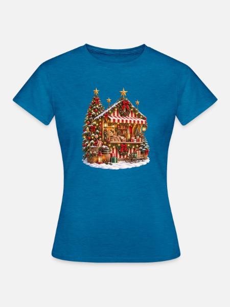 Weihnachtsmarkt-Chalet - Frauen T-Shirt - Antikblaues Saphir meliert