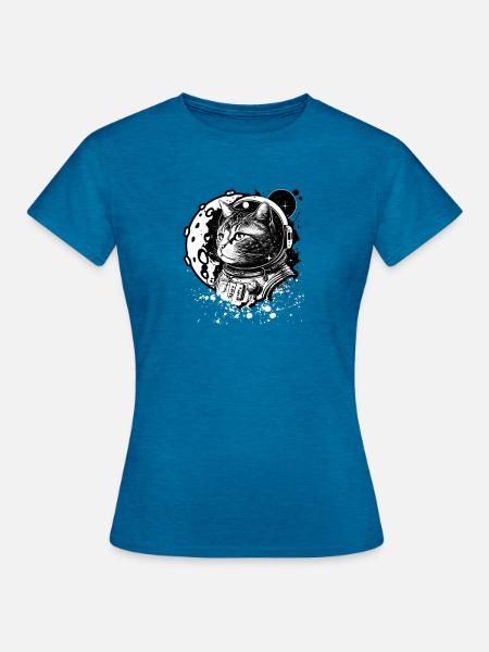 Kosmische Katze im Retro-Raumanzug - Frauen T-Shirt - Antikblaues Saphir meliert