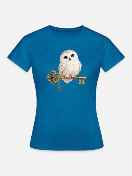 Saphireule auf einem goldenen Schlüssel - Frauen T-Shirt - Antikblaues Saphir meliert