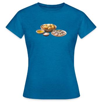 Ofenkartoffeln mit Olija und Selödka - Frauen T-Shirt - Antikblaues Saphir meliert - Vorne - AI Model Female 172 dark (172cm)