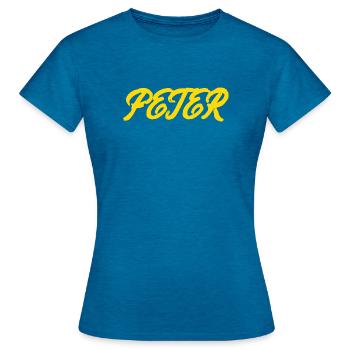 gel er text Peter - T-shirt Femme - bleu saphir antique chiné - Devant - AI Model Female 172 dark (172cm)