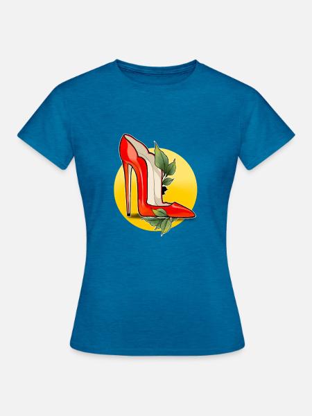 Roter Highheel mit Blattakzent - Frauen T-Shirt - Antikblaues Saphir meliert