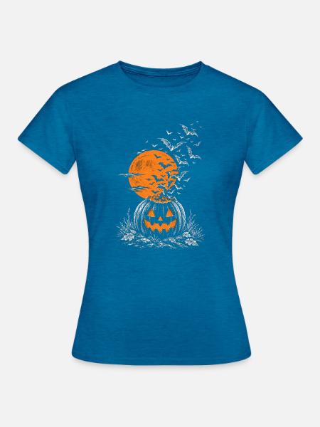 Kürbislaterne mit Fledermausschwarm - Frauen T-Shirt - Antikblaues Saphir meliert