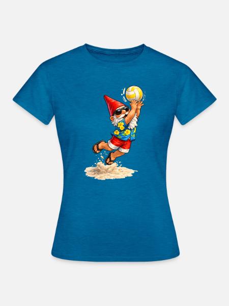 Gartenzwerg beim Strandvolleyball im Sommer  - Frauen T-Shirt - Antikblaues Saphir meliert