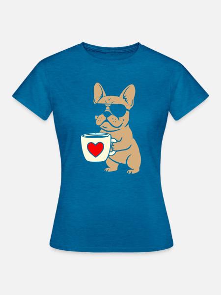 Frenchie Kaffee Flat Design - Frauen T-Shirt - Antikblaues Saphir meliert