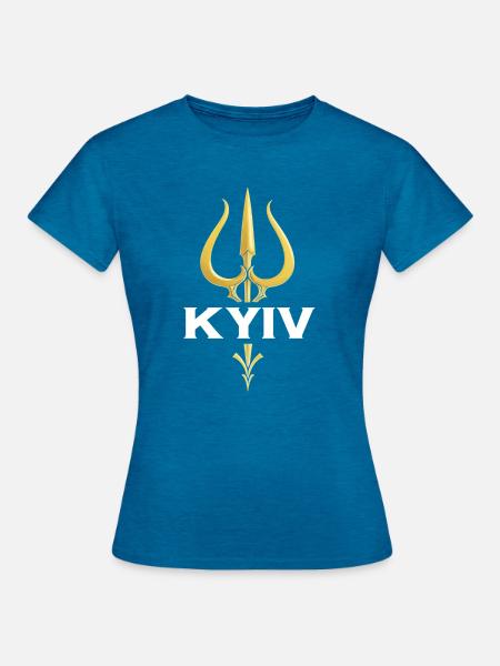 Kiewer Goldenes Dreizack-Emblem - Frauen T-Shirt - Antikblaues Saphir meliert