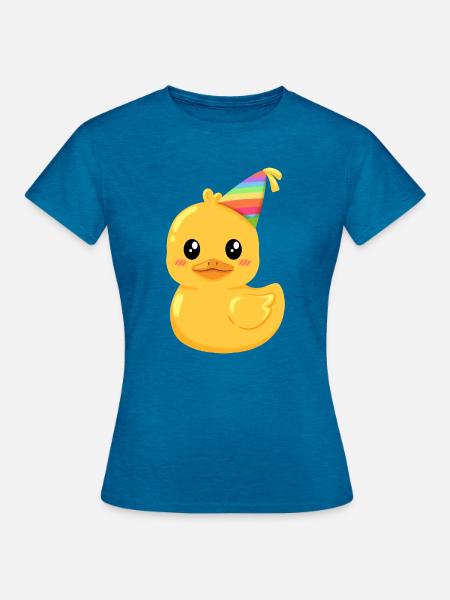 Regenbogen-Gummiente mit Partyhut - Frauen T-Shirt - Antikblaues Saphir meliert