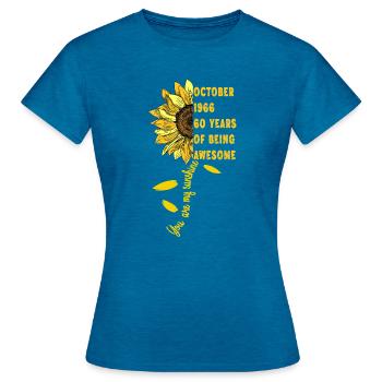 Geboren im Oktober 1966, Sonnenblume, 60. Geburtstag, 60 Jahre, - Frauen T-Shirt - Antikblaues Saphir meliert - Vorne - AI Model Female 172 dark (172cm)