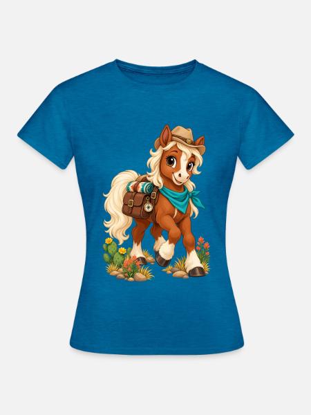 Pony-Wanderer im Westernlook - Frauen T-Shirt - Antikblaues Saphir meliert